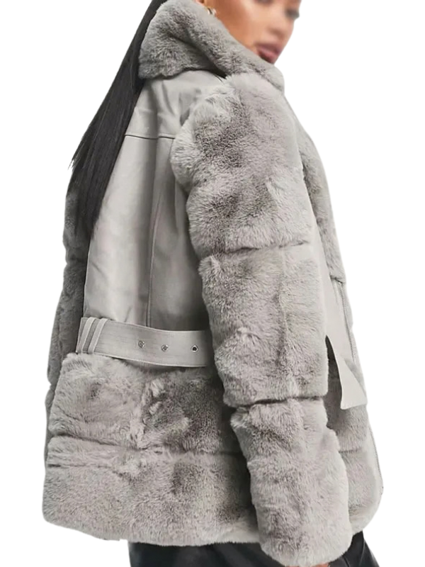 High-resolution secondary view of the custom-designed faux shearling jacket on a pure white background.