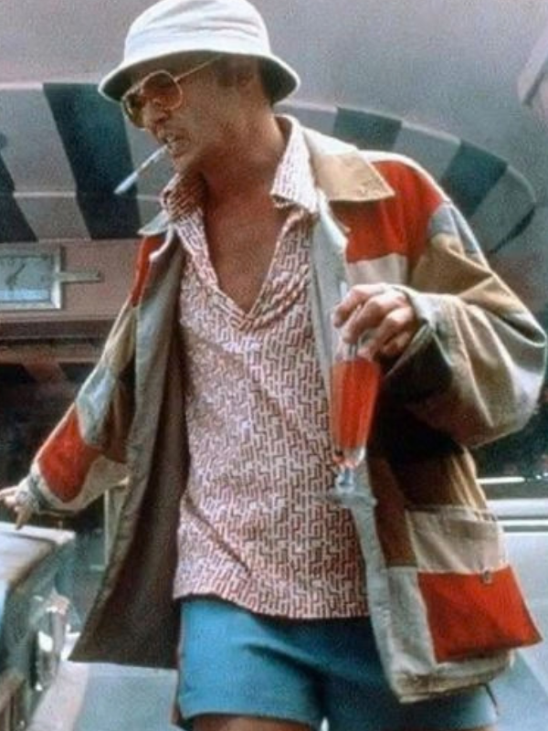 Third angled view of the custom-made Hunter S. Thompson jacket on a pure white background.