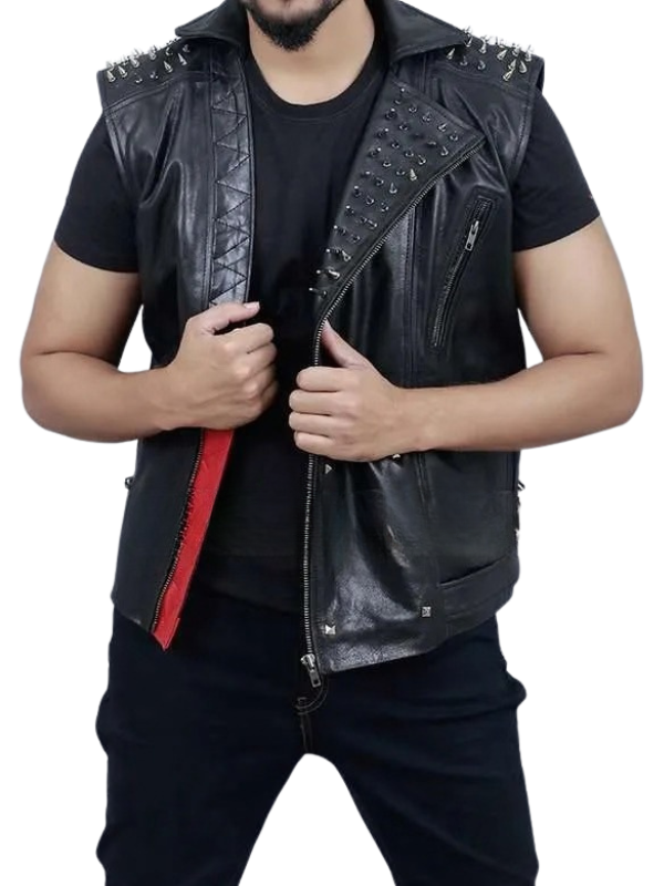 Third angled view of the custom-made studded leather vest on a pure white background.