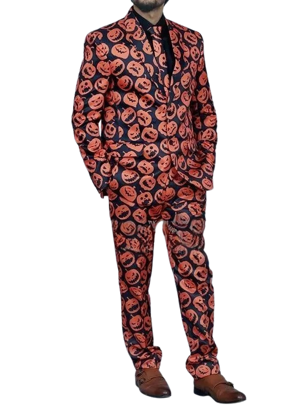 Third angled view of the custom-made Halloween pumpkin suit on a pure white background.