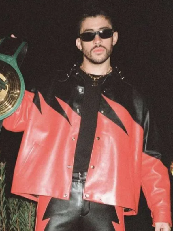 High-resolution main front view of the custom-made Premium WWE Bad Bunny Kane jacket on a pure white background.