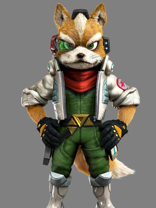 High-resolution main front view of the custom-made Fox McCloud cosplay aviator jacket on a pure white background.