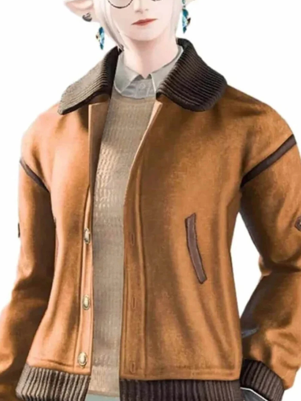 High-resolution main front view of the custom-made Final Fantasy brown varsity jacket on a pure white background.