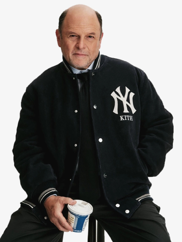 High-resolution main front view of the custom-made Kith x Yankees bomber jacket on a pure white background.