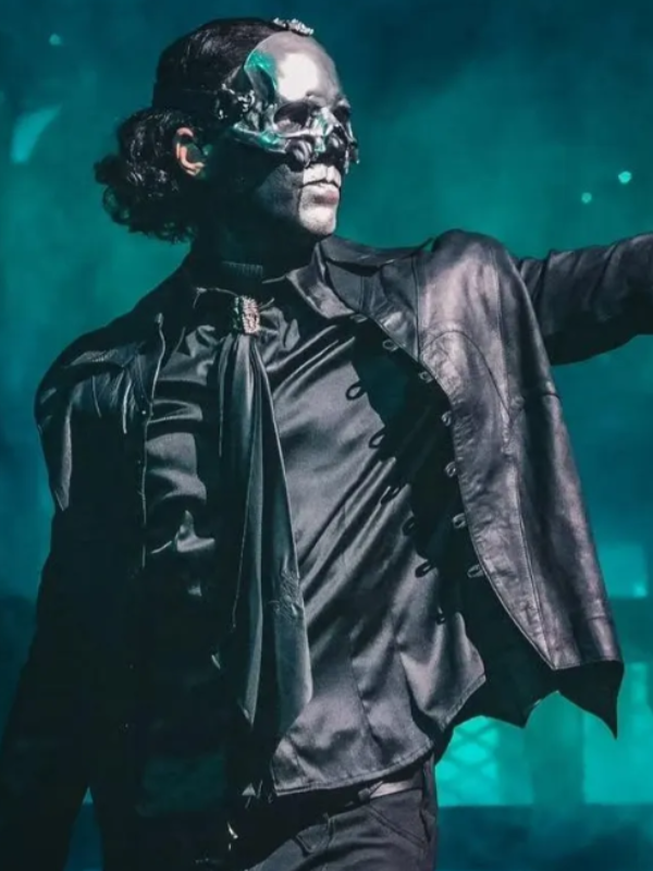 High-resolution main front view of the custom-made Papa Emeritus V Ghost band cosplay leather jacket on a pure white background.