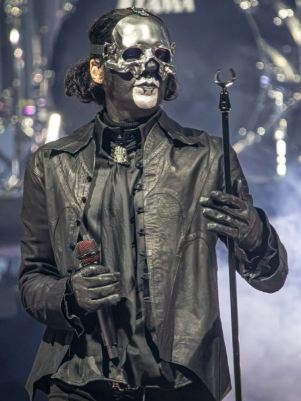 High-resolution secondary view of the custom-designed Papa Emeritus V Ghost band cosplay leather jacket on a pure white background.