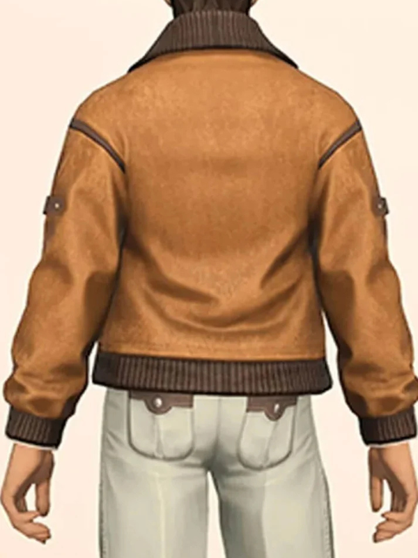 High-resolution secondary view of the custom-designed Final Fantasy brown varsity jacket on a pure white background.