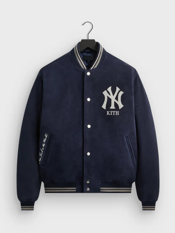 High-resolution secondary view of the custom-designed Kith for the New York Yankees suede bomber jacket on a pure white background.