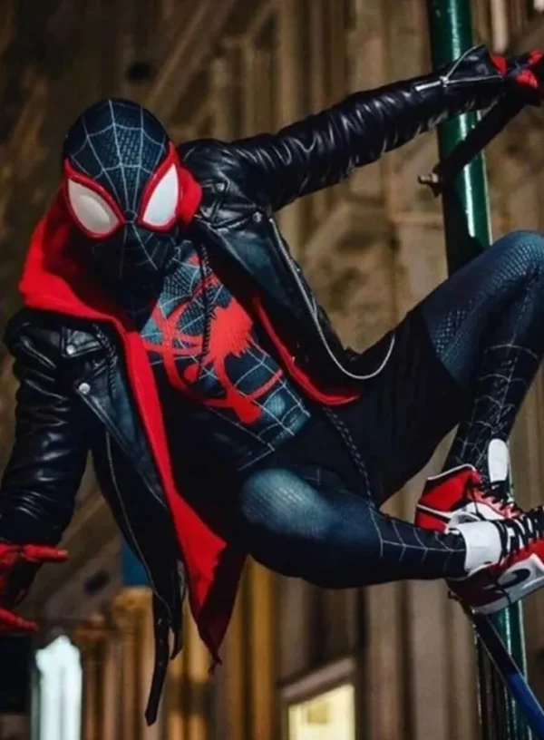 High-resolution main front view of the custom-made Spider-Man Miles Morales black leather jacket on a pure white background.