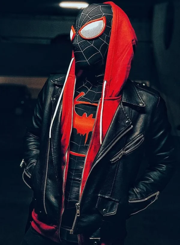 High-resolution secondary view of the custom-designed Spider-Man Miles Morales black leather jacket on a pure white background.