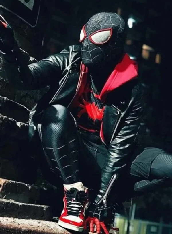 Third angled view of the custom-made Spider-Man Miles Morales black leather jacket on a pure white background.